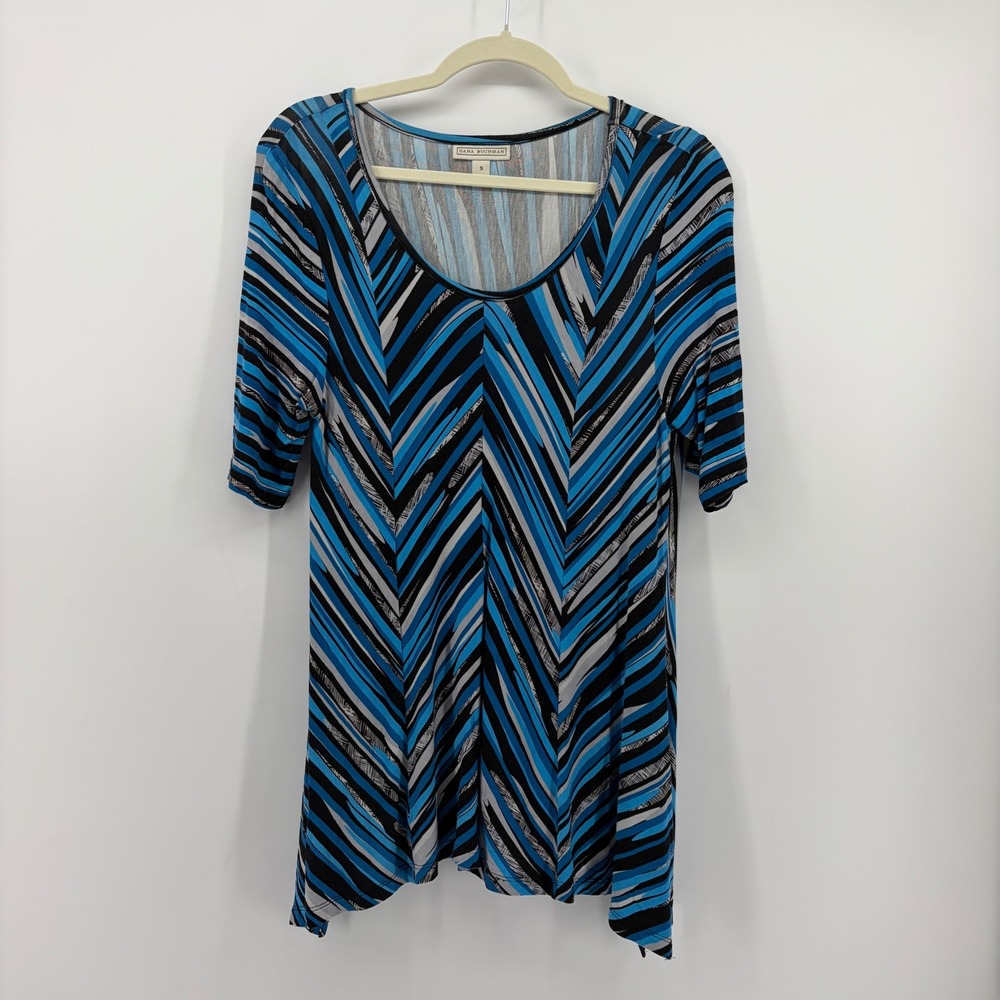 Dana Buchman Womens‎ Small Blue Striped Tunic Scoop Neck Short Sleeve Top